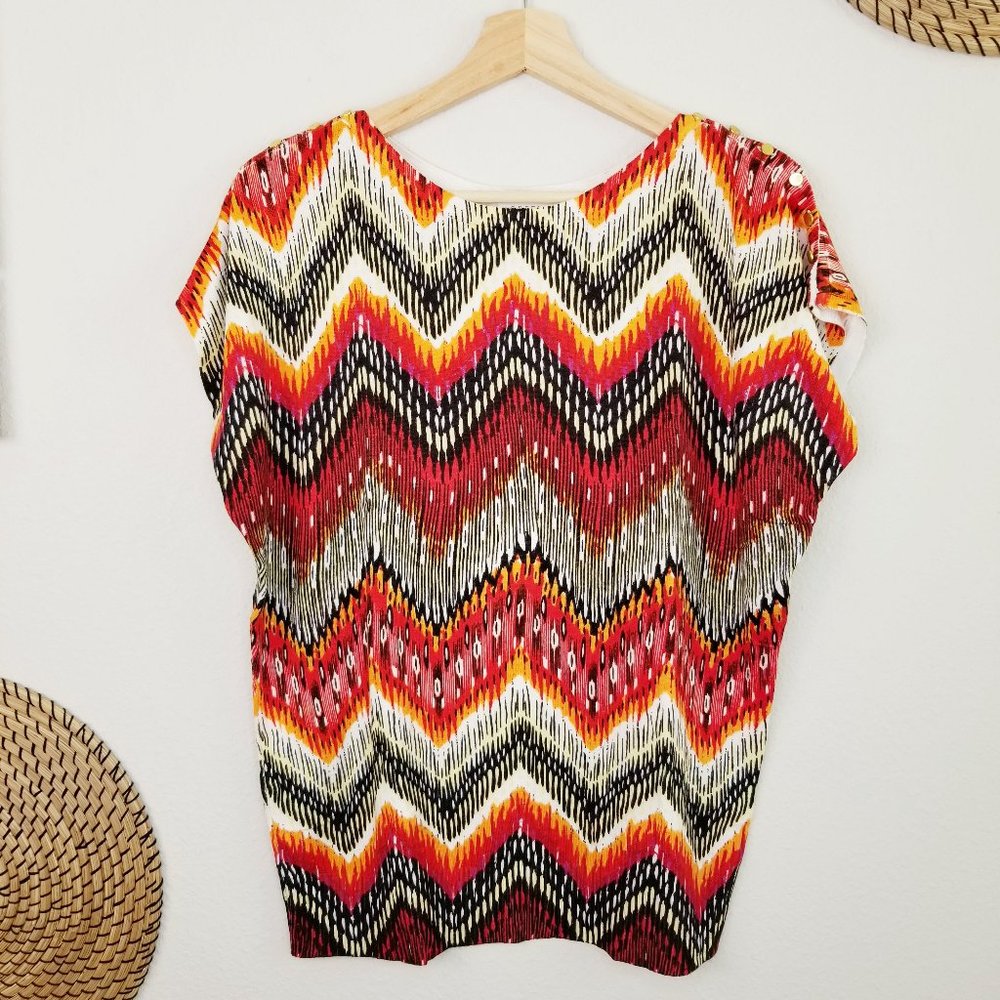 Ikat Print Sweater w/ Dolman Gold Button Sleeves